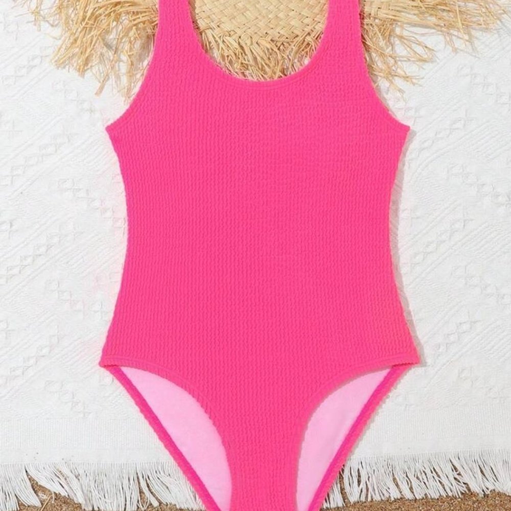 Girls Plain Ribbed Hot Pink 1-Piece Swimsuit | Shein, Never Worn | Size 10Y